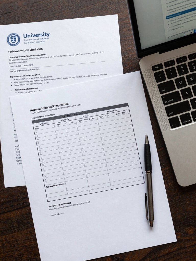Top-down desk layout with official admission documents, a structured planning calendar, a sleek pen, and a laptop showing university portals, clean overcast lighting.