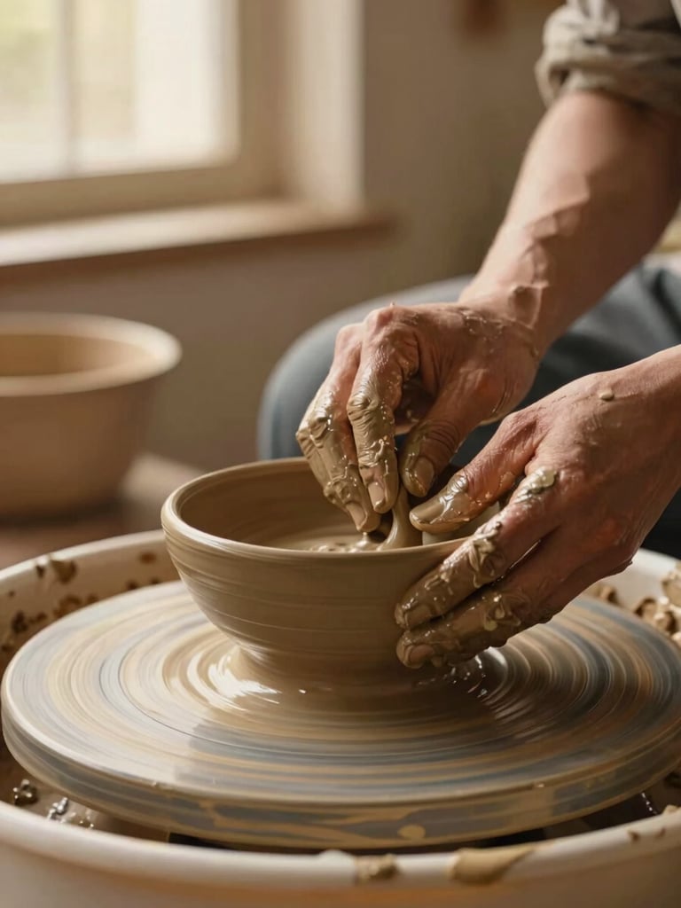 A close-up of a potter's hands covered in wet clay, carefully shaping the rim of a rustic bowl on a spinning wooden wheel, warm studio light.