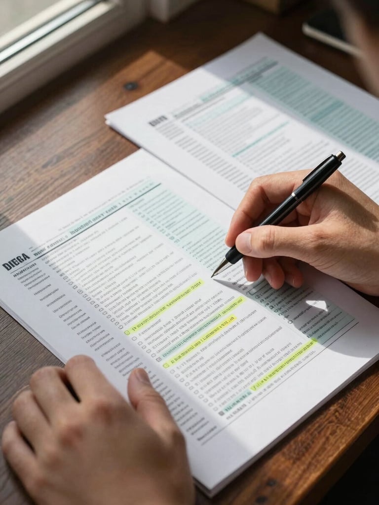 Close-up overhead view of hands reviewing printed tax code pages spread across a dark oak desk, a fine-tipped pen resting beside highlighted paragraphs, soft north-facing daylight from a window to the left casting even shadows across the document surface