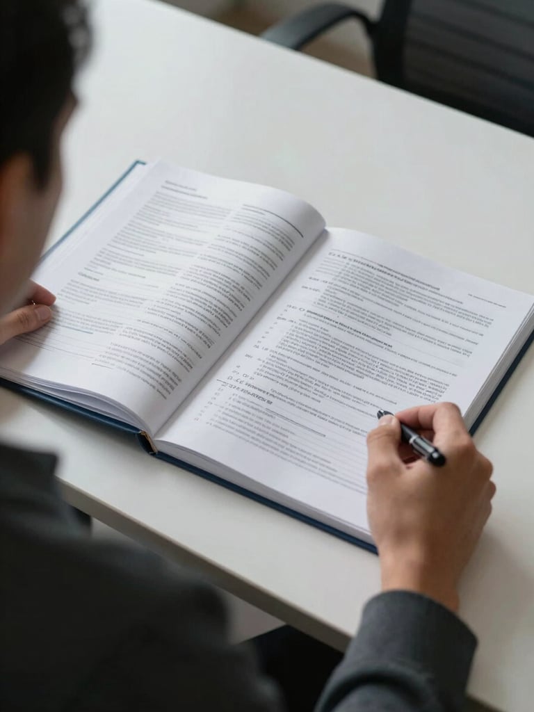 Over-the-shoulder perspective of a professional at a wide desk reviewing a thick binder of tax regulations, open pages annotated in pen, a second document spread beside it, cool north-facing office light, no faces visible