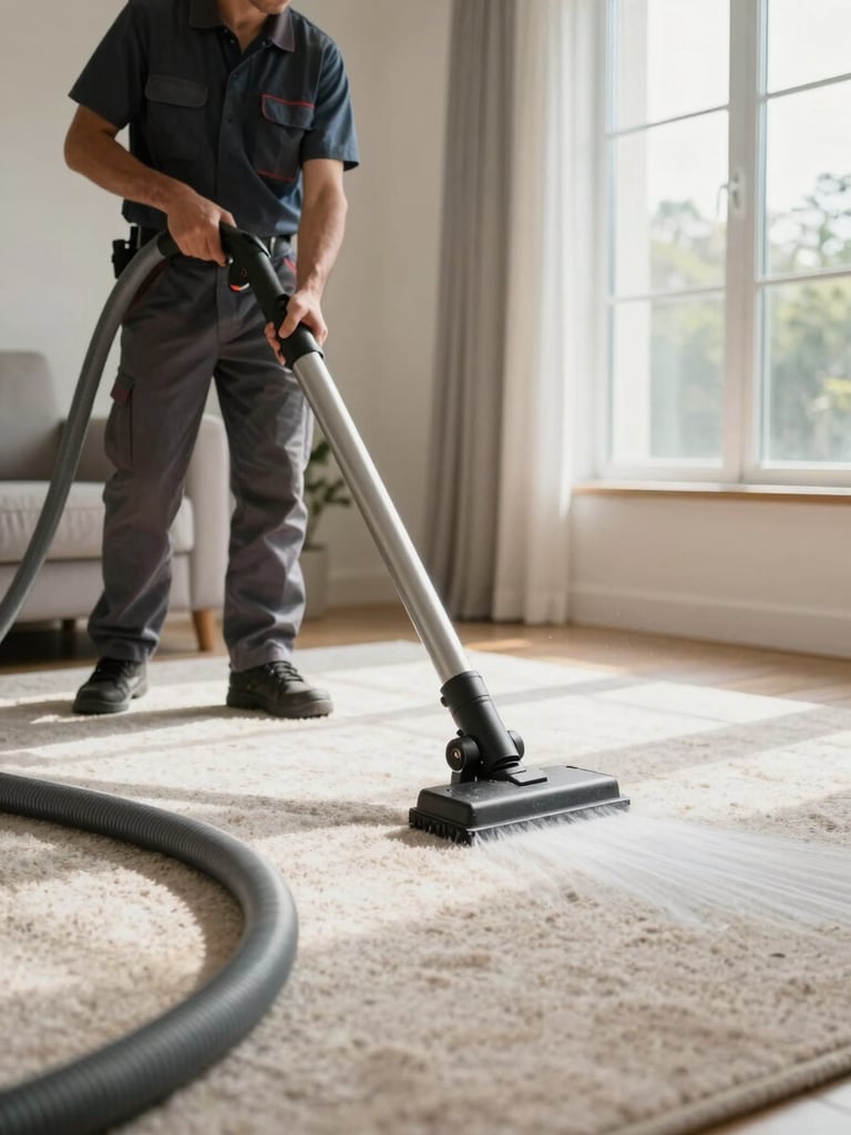 Wide shot from the left, carpet cleaning technician operating a large extraction hose on a residential carpet in a bright living room, natural daylight streaming through a window on the right, equipment hoses visible in foreground, water extraction in active progress