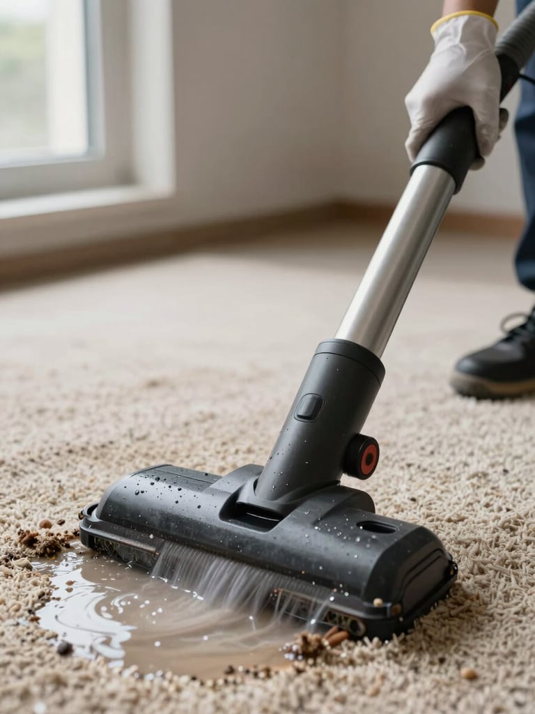 Close-up of a professional carpet cleaning extraction hose pressed against a heavily soiled beige carpet, water and dirt being visibly pulled upward into the hose, technician's gloved hand guiding the wand, natural window light from the left side, sharp depth of field showing equipment detail