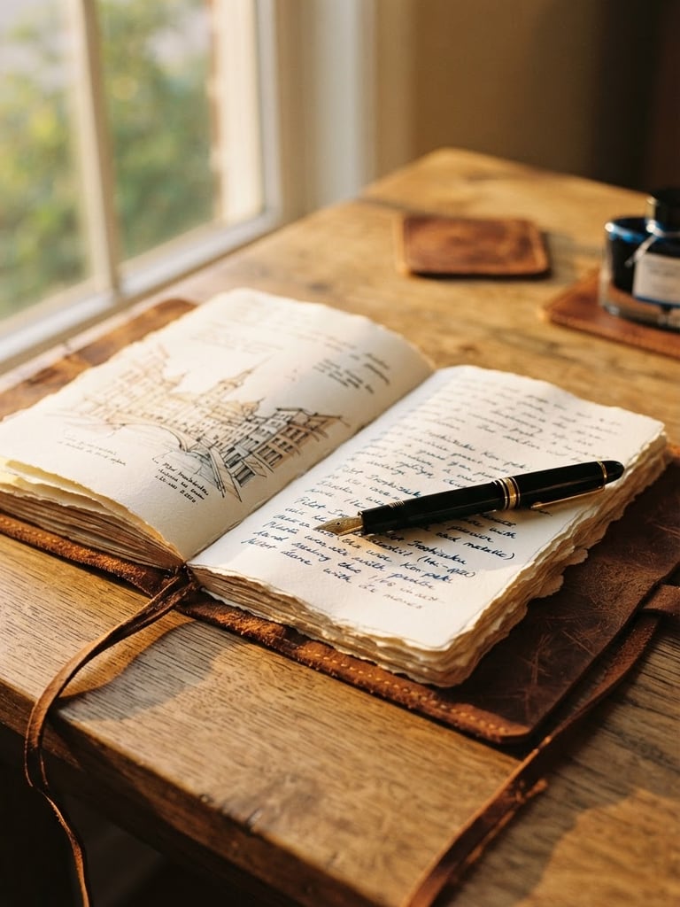 A beautifully styled physical leather journal open on a wooden desk, warm golden-hour window light reflecting on the pages, elegant fountain pen resting nearby