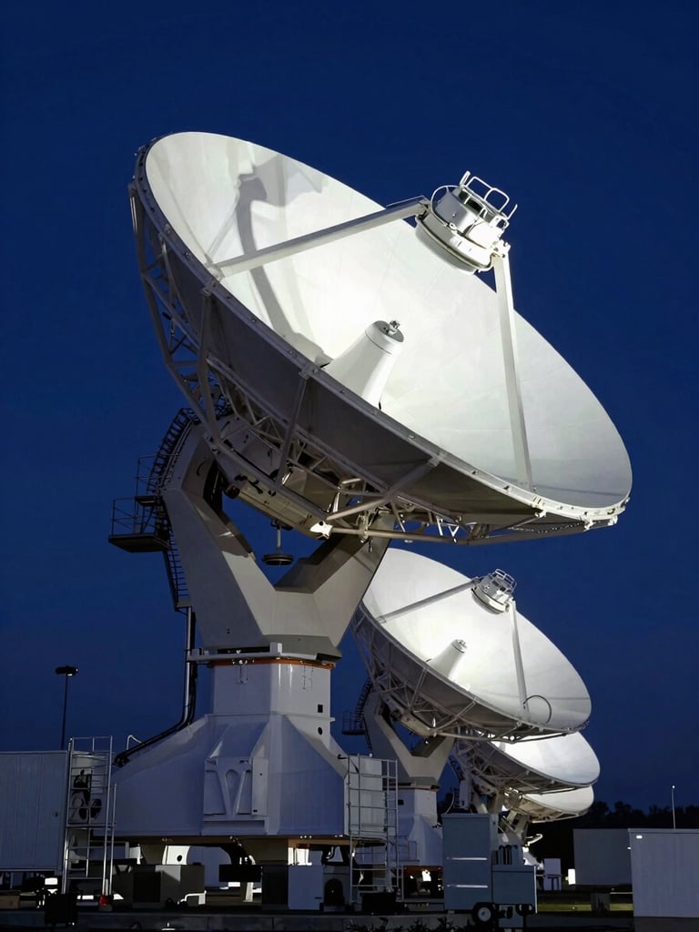 Close-up wide shot of a satellite ground station dish array at night, cool floodlights illuminating the dish faces from below, antenna structures sharp against a dark indigo sky, technical infrastructure framing left edge, no people, operational and precise