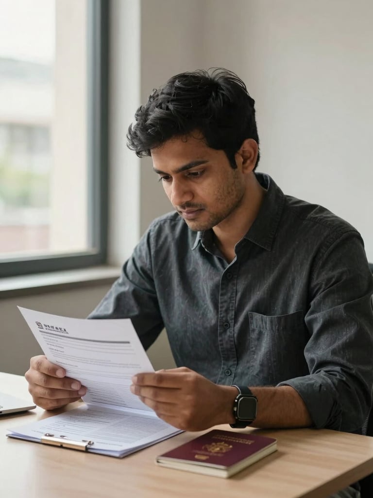 Medium shot of a young Indian man in his late twenties seated at a desk near a wide office window, reviewing a printed visa application form, passport open beside him, soft natural daylight from the left, expression focused and composed, neutral background wall