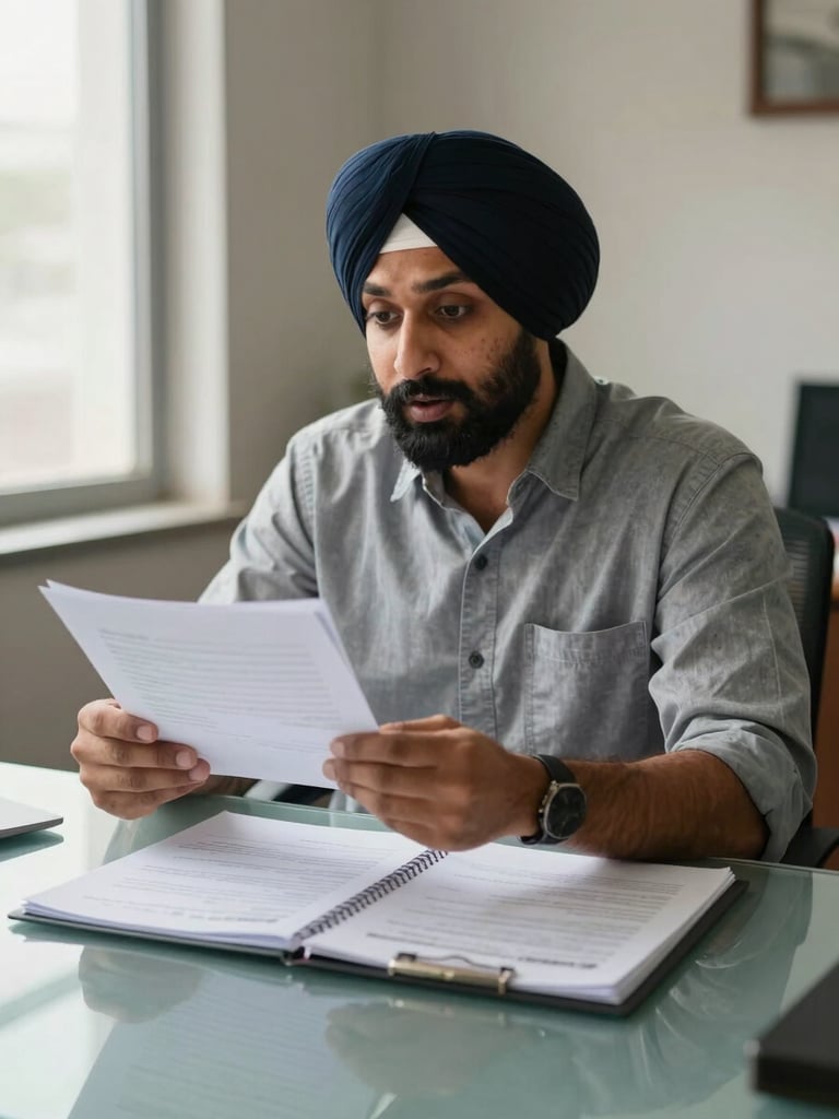 Medium environmental shot, Harpreet Singh at a glass-topped office table in natural window light, mid-conversation gesture with a visa application folder open in front of him, sleeves rolled, unguarded expression, soft daylight from the left, shallow depth of field on the documents