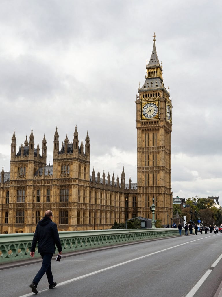 Wide-angle view from Westminster Bridge looking toward Big Ben and the Houses of Parliament, soft overcast London daylight, a lone figure with a passport holder walking in the left foreground