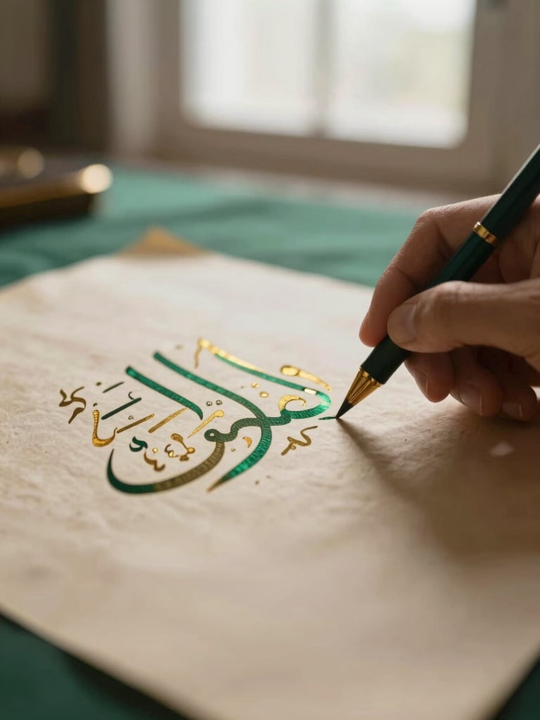 Macro close-up of a hand tracing elegant Arabic calligraphy on textured parchment, soft natural side lighting, shallow depth of field, warm gold and deep emerald hues