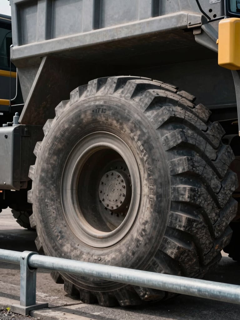 Low-angle shot of a massive OTR dump truck tire, high-contrast overcast lighting, showing deep tread depth and rugged rubber compound scale next to a steel safety barrier.