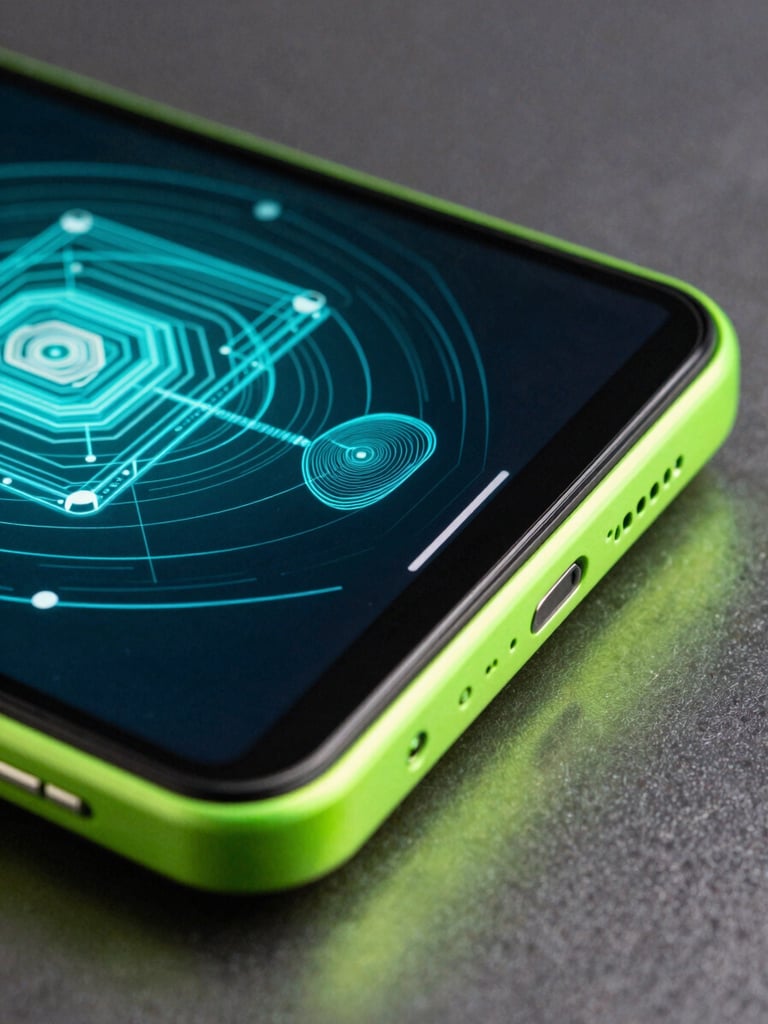 Macro portrait shot of a high-end Android flagship device edge, neon-green and cyber-cyan light reflecting off the glass screen, displaying a complex 3D wireframe interface.