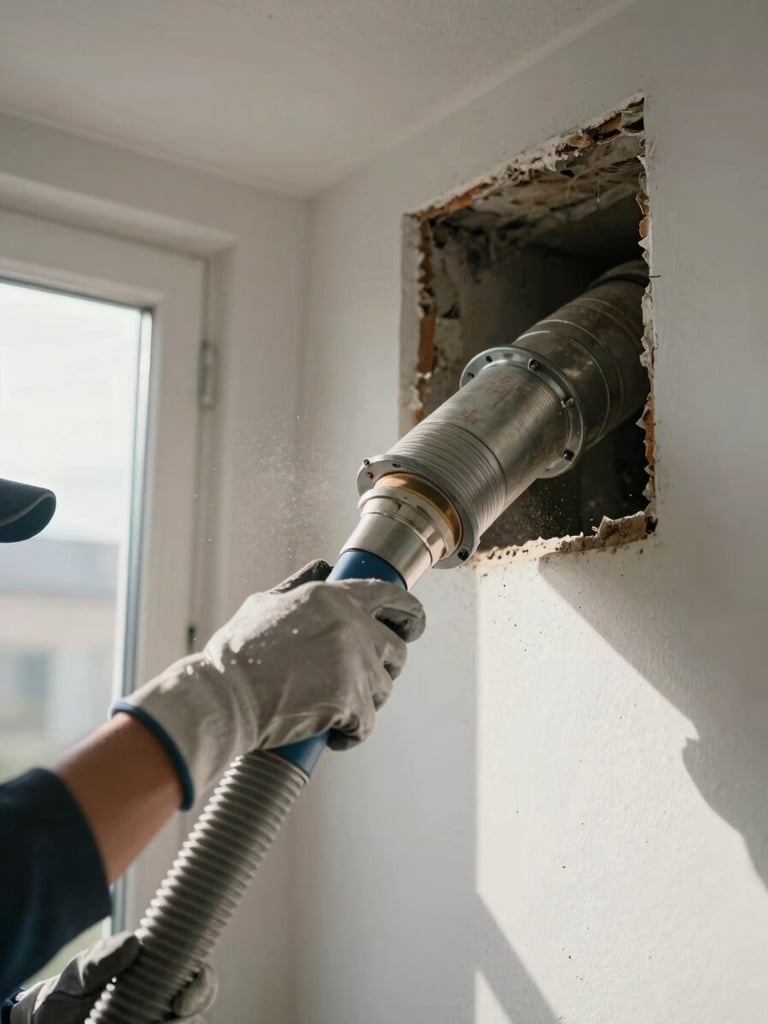 Close-up wide shot of a technician's gloved hands gripping a large vacuum hose inserted into a residential duct opening, natural daylight streaming from a nearby window, dust particles visible in the air, gritty duct interior visible in frame — shot from low angle emphasizing the scale of the equipment against the wall