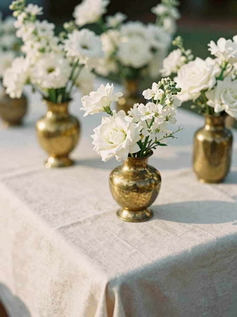 A close-up candid photo of wedding decorations, delicate white flowers and warm brass vessels sitting on a cream linen tablecloth, soft natural light.