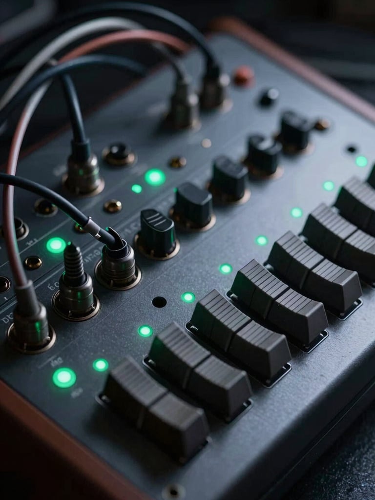 Extreme close-up of vintage analog synthesizer patch bays and tangled cables, glowing with faint bioluminescent green indicator lights, low-key high-contrast cold studio lighting.