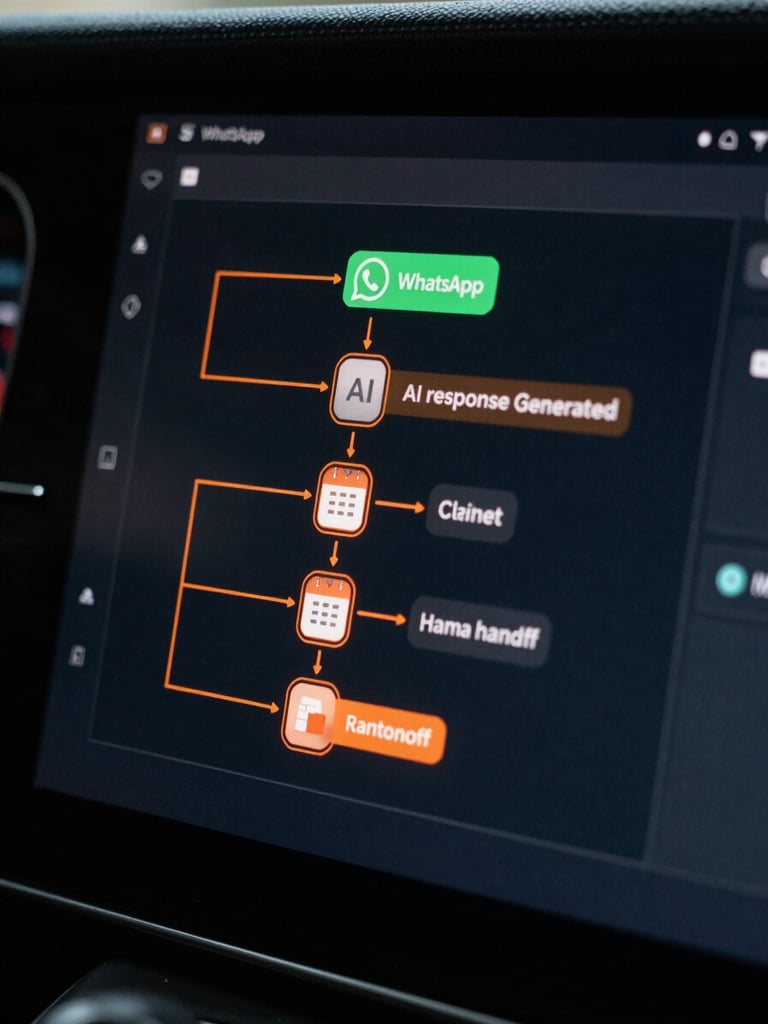 Close-up screen view of a dark dashboard interface showing an automation flow diagram: nodes connected by orange lines representing steps — WhatsApp message received, AI response generated, calendar slot confirmed, human handoff triggered. Soft screen glow illuminates the interface from within. The composition is tight on the center panel, with dark charcoal background and neon-orange data highlights on each node.
