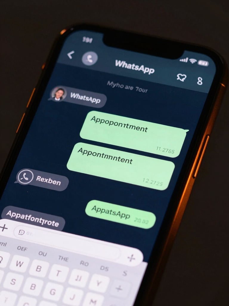 Close-up of a smartphone screen displaying an active WhatsApp conversation thread — automated replies appearing in real time, an appointment confirmation message visible, a calendar widget overlay in the lower corner, screen-lit in deep blue-charcoal with a subtle neon-orange glow framing the screen edge, no human faces, minimal background