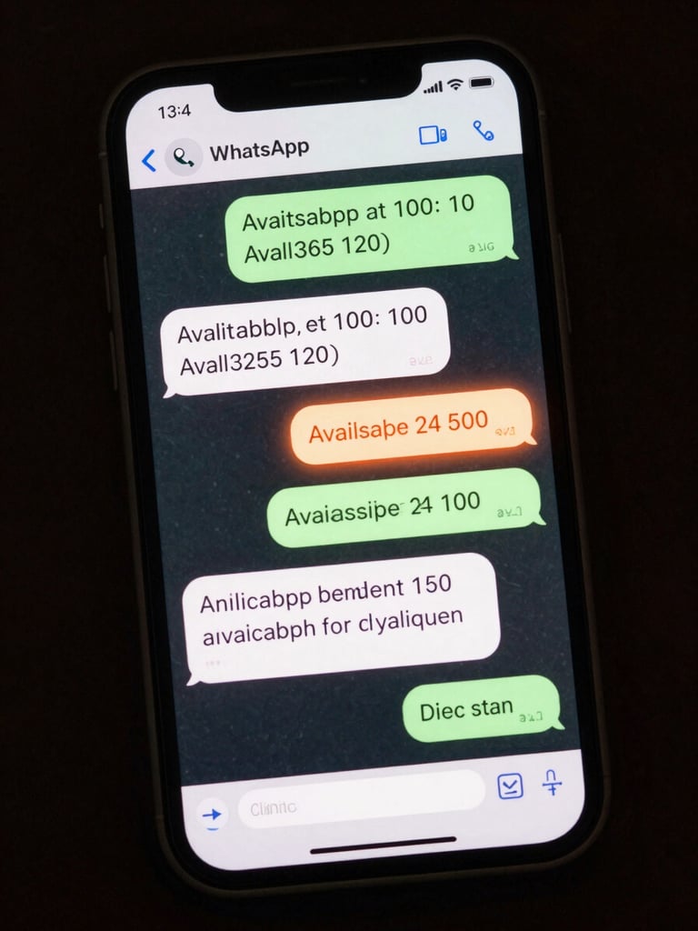Close-up of a smartphone screen showing a WhatsApp conversation thread: a clinic patient sends a message asking to book an appointment, the AI assistant replies instantly with available times, the patient confirms a slot, and the assistant sends a calendar confirmation — all in clean chat bubbles on a dark phone UI, screen-lit with a soft neon-orange glow on the confirmation bubble, tight crop on the screen with dark background surrounding