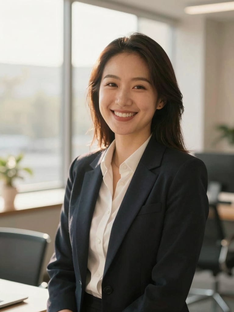 A professional financial advisor smiling warmly in a bright, modern office with soft natural window light, authentic and approachable, shallow depth of field