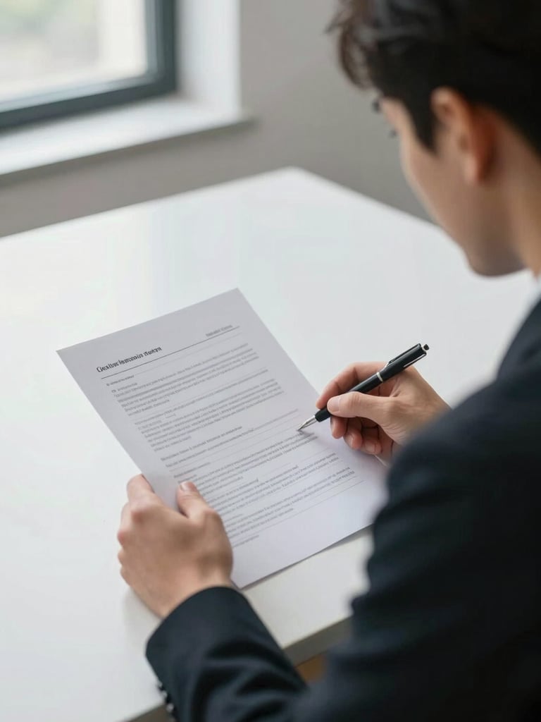 Over-shoulder view of an advisor at a desk reviewing a printed financial document with a client seated across, natural window light from the left, close-up on the papers and hands, no faces visible, clean office environment