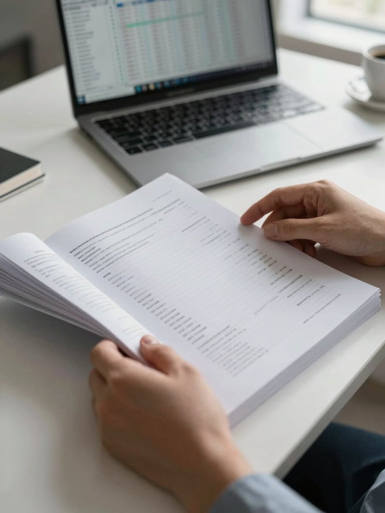Close-up environmental shot of hands turning pages of a printed financial report on a clean desk, natural office window light from the right, a laptop with a spreadsheet partially visible in the upper background, coffee cup at the edge of frame, muted corporate setting
