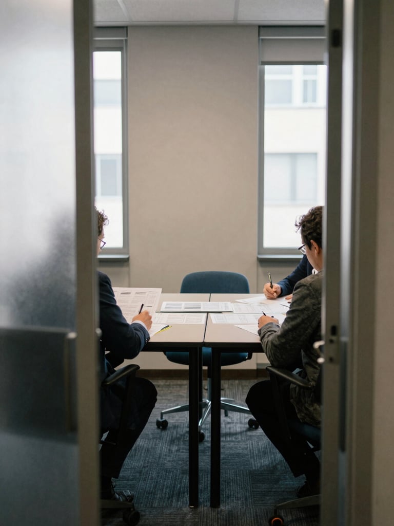 Wide shot of a small conference room from the doorway, two people seated at a table with printed reports spread between them, natural daylight through frosted glass panels on one side, no faces in focus, documents and pens clearly visible
