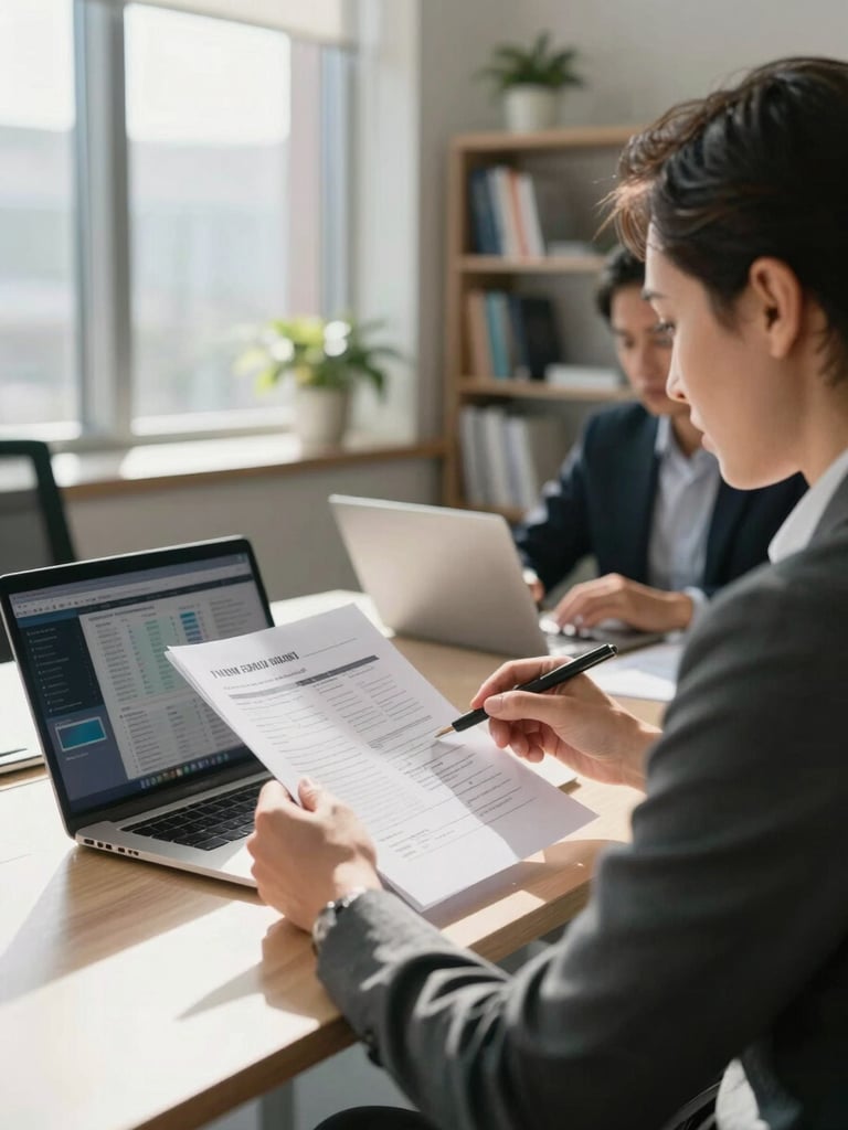 Over-shoulder wide shot of a financial advisor reviewing printed documents at a desk in a sunlit corporate office, natural daylight from tall windows to the left, laptop screen visible showing a data dashboard, a second person partially visible across the table, environmental depth with bookshelves in background