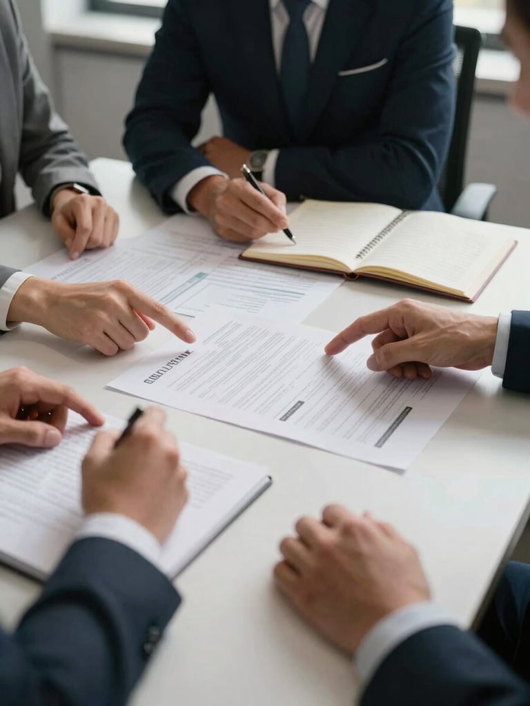 Side-angle view of a small group meeting around a table with printed reports and open notebooks, natural office daylight, hands visible pointing at a document, environmental wide shot showing the workspace context, no faces in frame