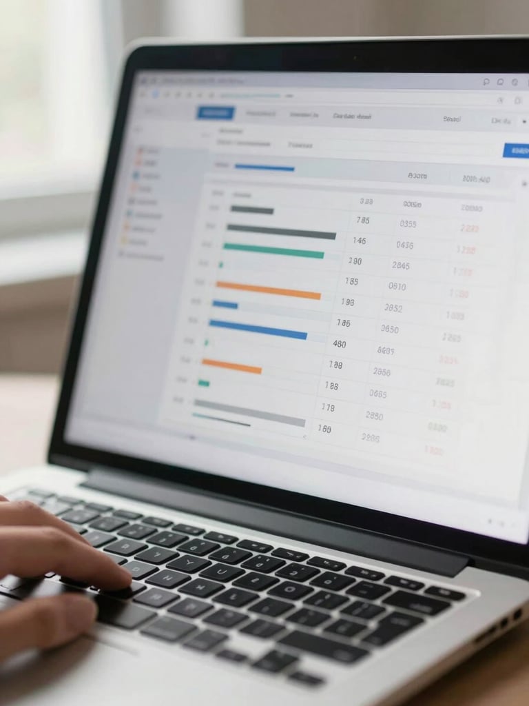 Close-up of a laptop screen displaying a clean financial dashboard with charts and account summary rows, a hand resting near the keyboard, soft natural window light from the left, shallow depth of field on the screen content, no branding visible