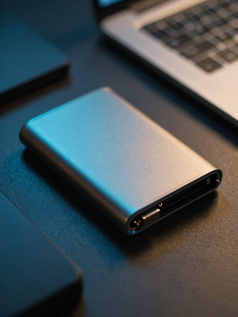 Close-up macro shot of physical hardware wallet on a dark desk with moody blue backlighting, sharp focus, technical aesthetic
