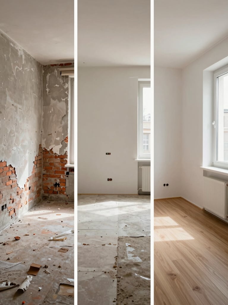Narrow vertical triptych: left panel shows a Turin apartment room before renovation — exposed brick and peeling plaster; centre panel shows the same room mid-work with protected floors and fresh masonry; right panel shows the finished state with smooth white walls and new flooring, daylight from window, no people