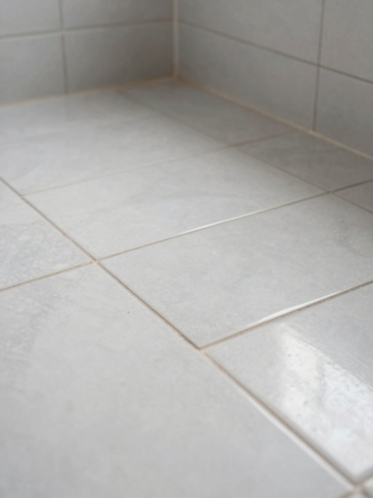 Close-up of a freshly tiled bathroom floor in a Turin apartment — precise grout lines, clean edges, porcelain tiles under natural daylight, no people, documentary quality proof of finish