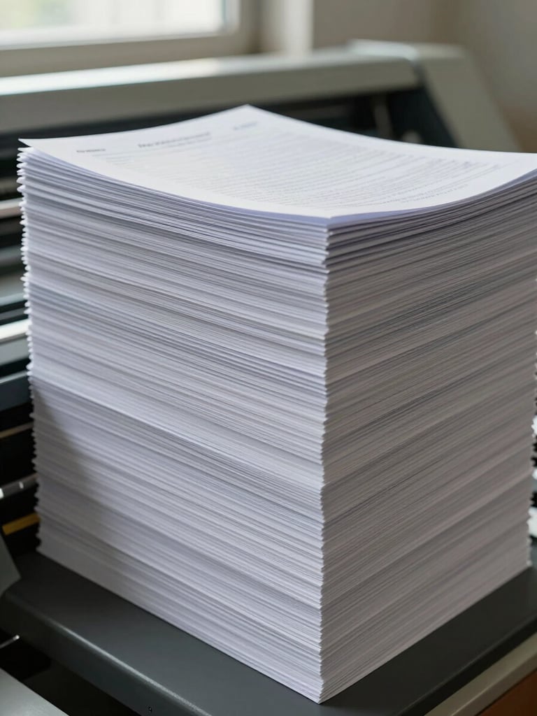 Close-up wide shot of a tall stack of printed OPD pads resting on a printing-press table, paper edges perfectly aligned, ambient daylight from a north-facing window raking across the surface to reveal ink clarity and paper texture, no people, no props
