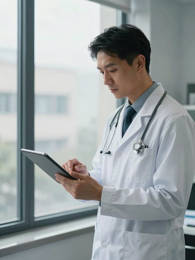Close environmental frame of a male physician standing near a window in a quiet clinical office, holding a tablet and reviewing data, soft overcast natural light, understated professional setting