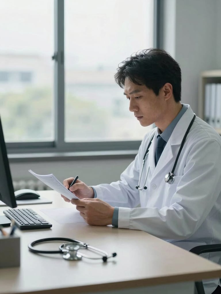 Wide environmental shot of a physician seated at a desk reviewing patient notes under soft window light, stethoscope resting on the desk, overcast daylight, calm clinical office setting