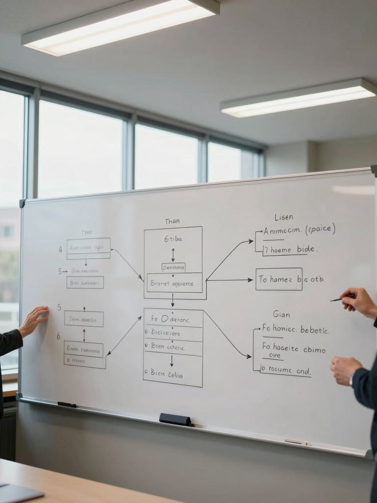 Wide environmental shot of a conference room mid-session, whiteboard covered in structured diagrams and numbered steps, two sets of hands visible at the edge of the frame, natural daylight from tall windows, no faces, overhead fluorescent off