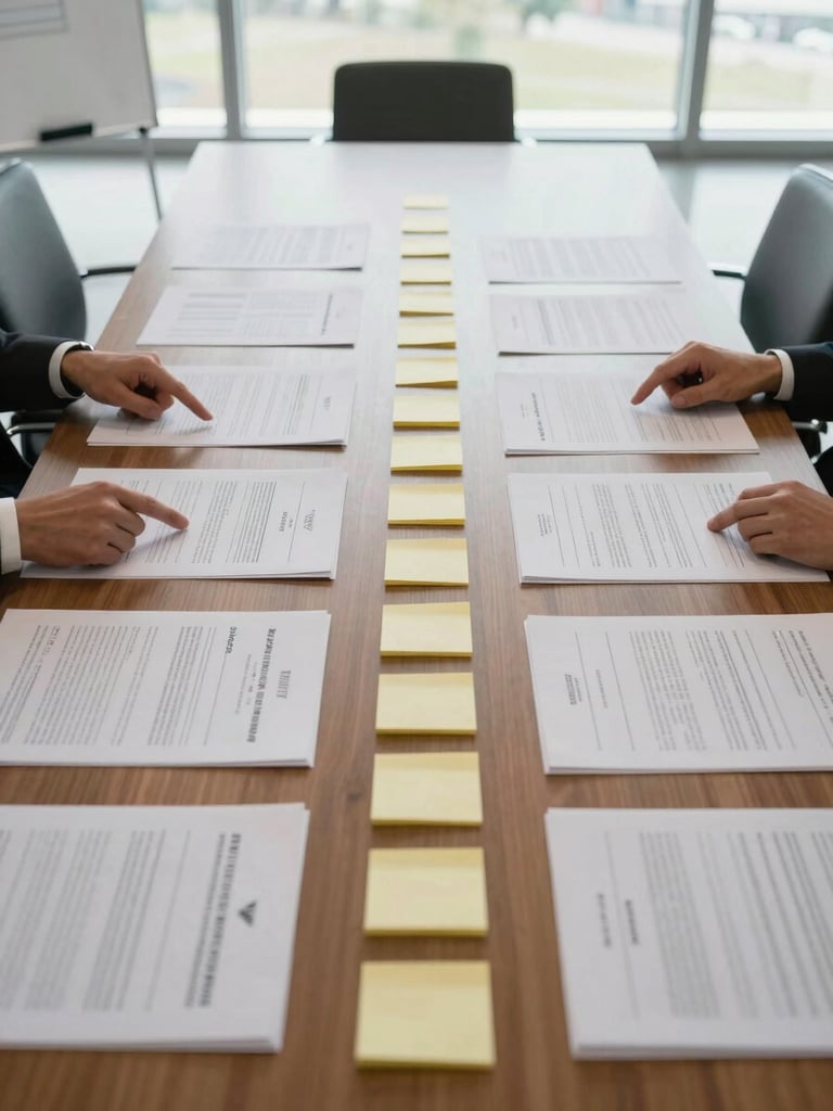Wide overhead shot of a conference table with printed process documents, sticky notes arranged in a column sequence, and two hands pointing at a step on a whiteboard visible at the left edge, natural daylight from tall windows