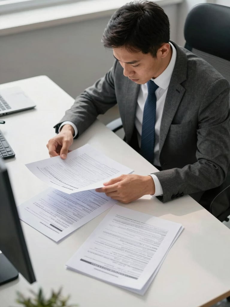 Environmental wide shot of a professional in a structured office, reviewing printed documents spread across a clean desk under natural daylight, framed from above-left, no eye contact with camera
