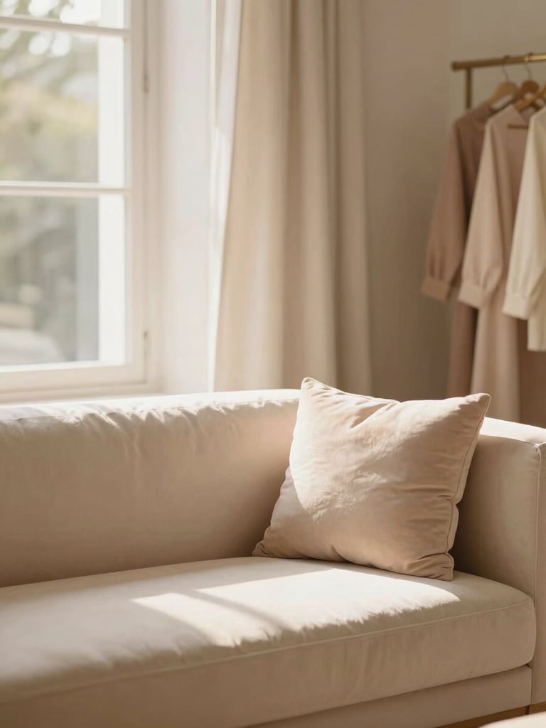 Serene, beautifully lit interior of Rutika Boutique, plush seating, soft diffused window light, shallow depth of field, cream and blush tones.
