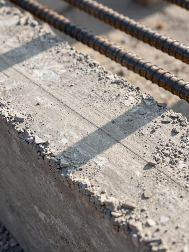 Macro shot of fresh grey concrete texture and ribbed steel rebar, warm natural sunlight, high-contrast shadows, 35mm.