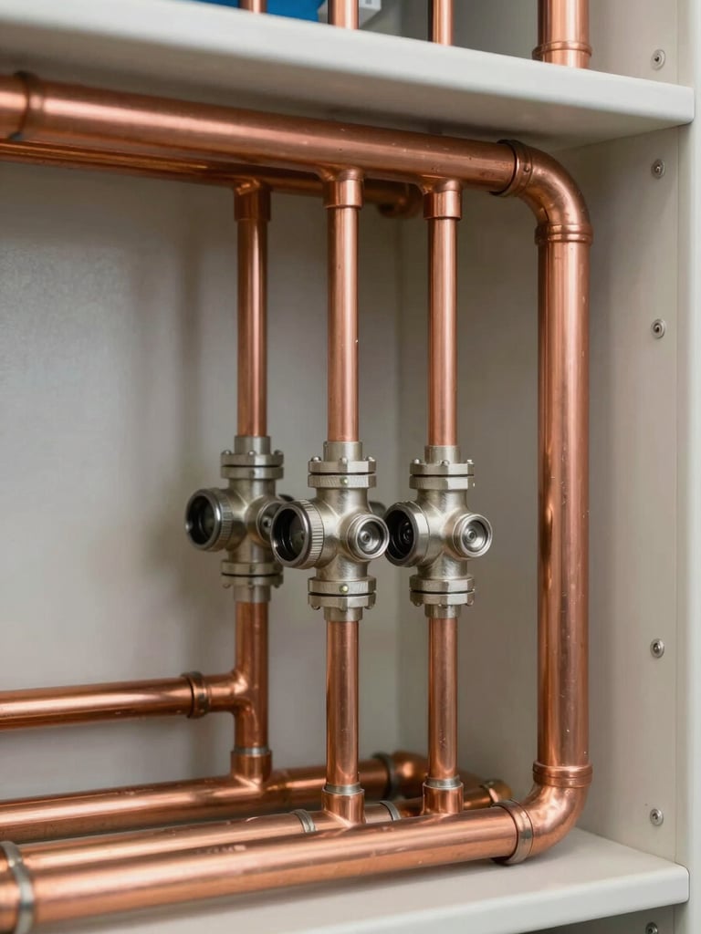 Tight architectural macro shot of a perfectly organized commercial utility room, clean copper pipes, neutral daylight, sharp precision.