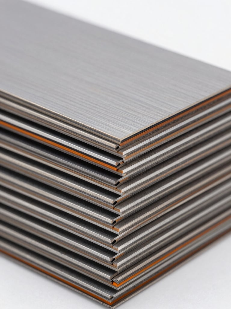 Macro close-up of high-grade silicon steel motor laminations stacked precisely, cool studio lighting, sharp highlights on steel edges