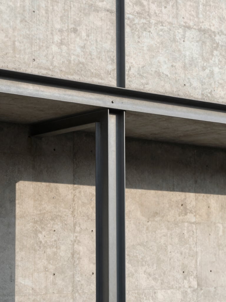 Minimalist architectural detail of raw concrete intersecting with clean steel frame, sharp morning shadows, precise geometry, Hasselblad