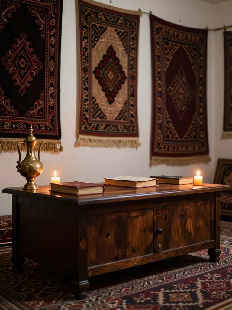 Wide-angle view of a traditional Arabic consultation room from a low angle, a draped table bearing closed books and an ornate brass vessel at the left edge, warm amber candlelight pooling across dark wooden surfaces, deep jewel-toned textiles hanging on the wall, no person present, atmosphere of weight and stillness