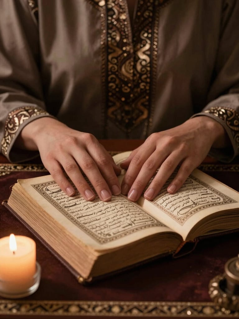 Close-up eye-level portrait of a woman's hands resting over a worn leather-bound book of Islamic script, warm amber candlelight from the left, deep shadow on the right, consultation table surface visible beneath, traditional fabric in the background, still and composed
