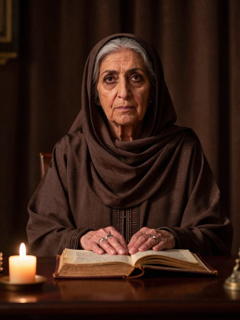 Eye-level portrait of a composed elder woman in traditional Arabic dress, seated at a low consultation table, hands resting calmly on a worn leather-bound text, warm candlelight from the left casting deep shadow across the right side of the frame, dark jewel-toned drapery behind her, no smile, authoritative stillness