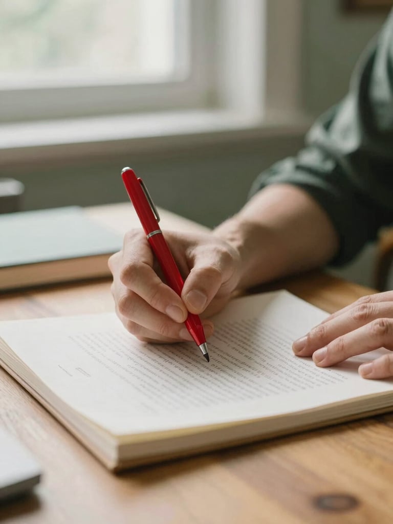 Hands editing a printed manuscript with a red pen on a wooden desk, soft natural north-facing daylight, warm muted tones