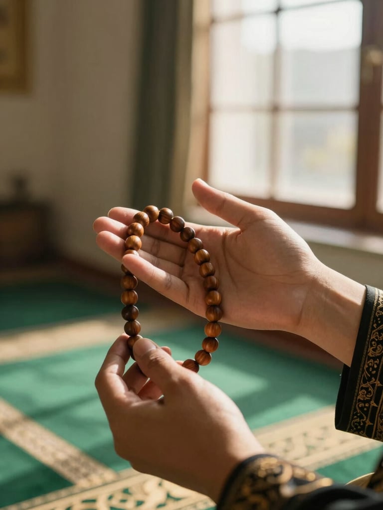 Close-up of hands holding warm wooden prayer beads in a beautifully lit room, soft morning sunlight streaming through a window, shallow depth of field, elegant Islamic editorial aesthetic.