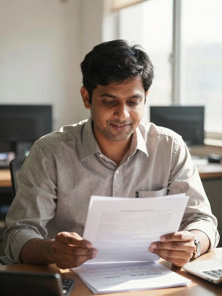 Portrait of a South Asian financial lead, mid-30s, professional and approachable, reviewing financial documents in a sunlit office, candid framing, natural bright daylight.