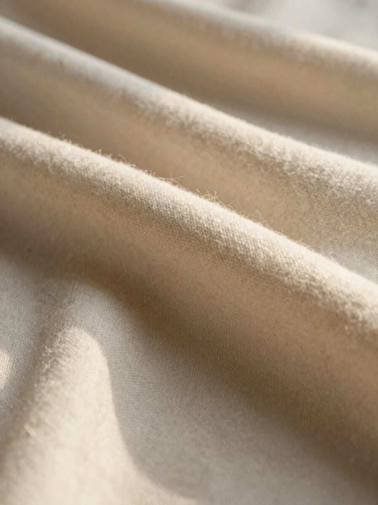 Close-up of premium organic cotton and soft beige wool fabric textures, warm golden sunlight highlighting the delicate weave, minimalist and elegant aesthetic