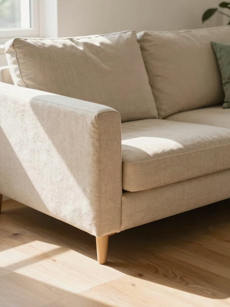 Sun-drenched immaculate living room with clean linen textures and a polished light wood floor, soft shadows, warm beige tones, editorial photography, 35mm