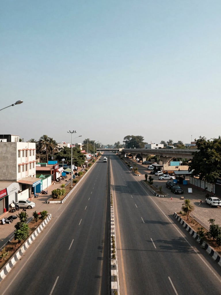 Wide architectural panorama of a 75-meter main road in Faridabad, Sector 89, shot at midday—empty lanes receding toward a transit interchange, concrete flyover visible in the far right third, low-rise commercial blocks flanking the road, clear sky above, documentary framing with no people